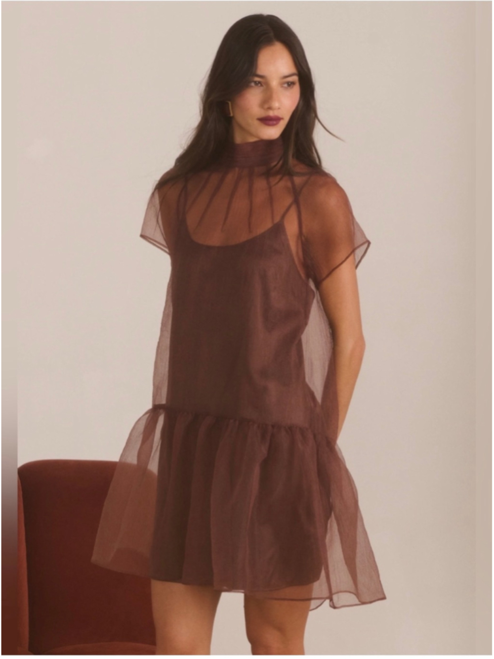 Women's opt Brown Sheer Overlay Mini Dress Size XL